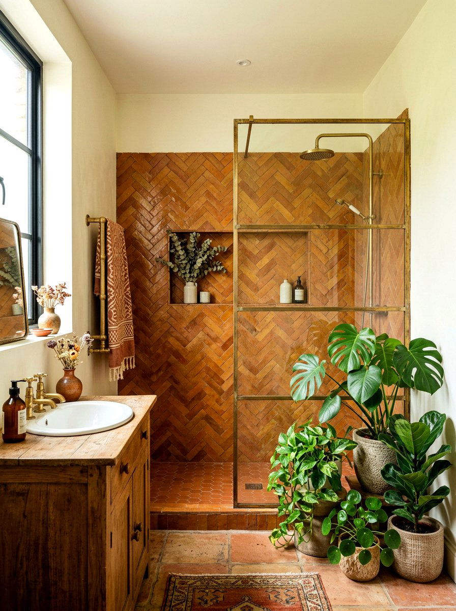 Bohemian Herringbone Shower Tile - 30 herringbone shower tile ideas