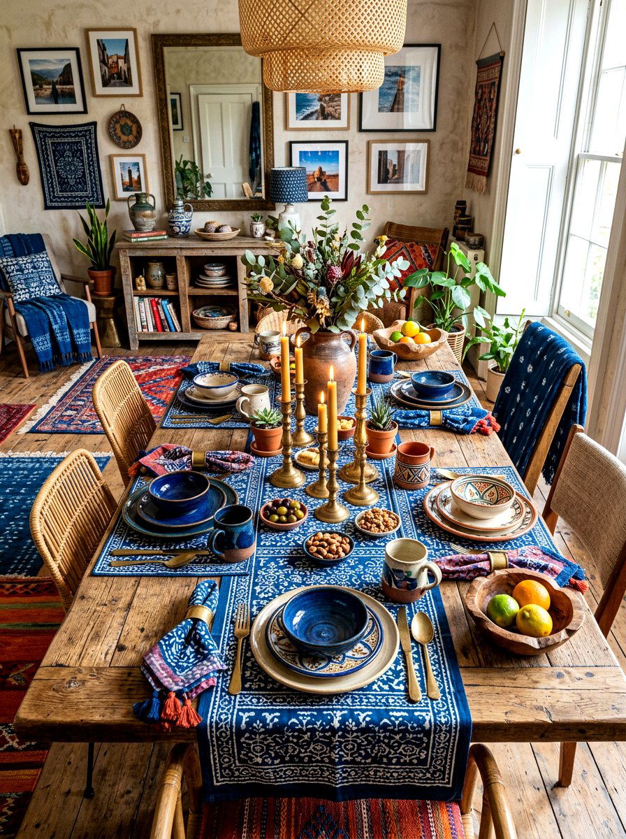 Bohemian Indigo Table Decor - 30 blue and white table decor ideas