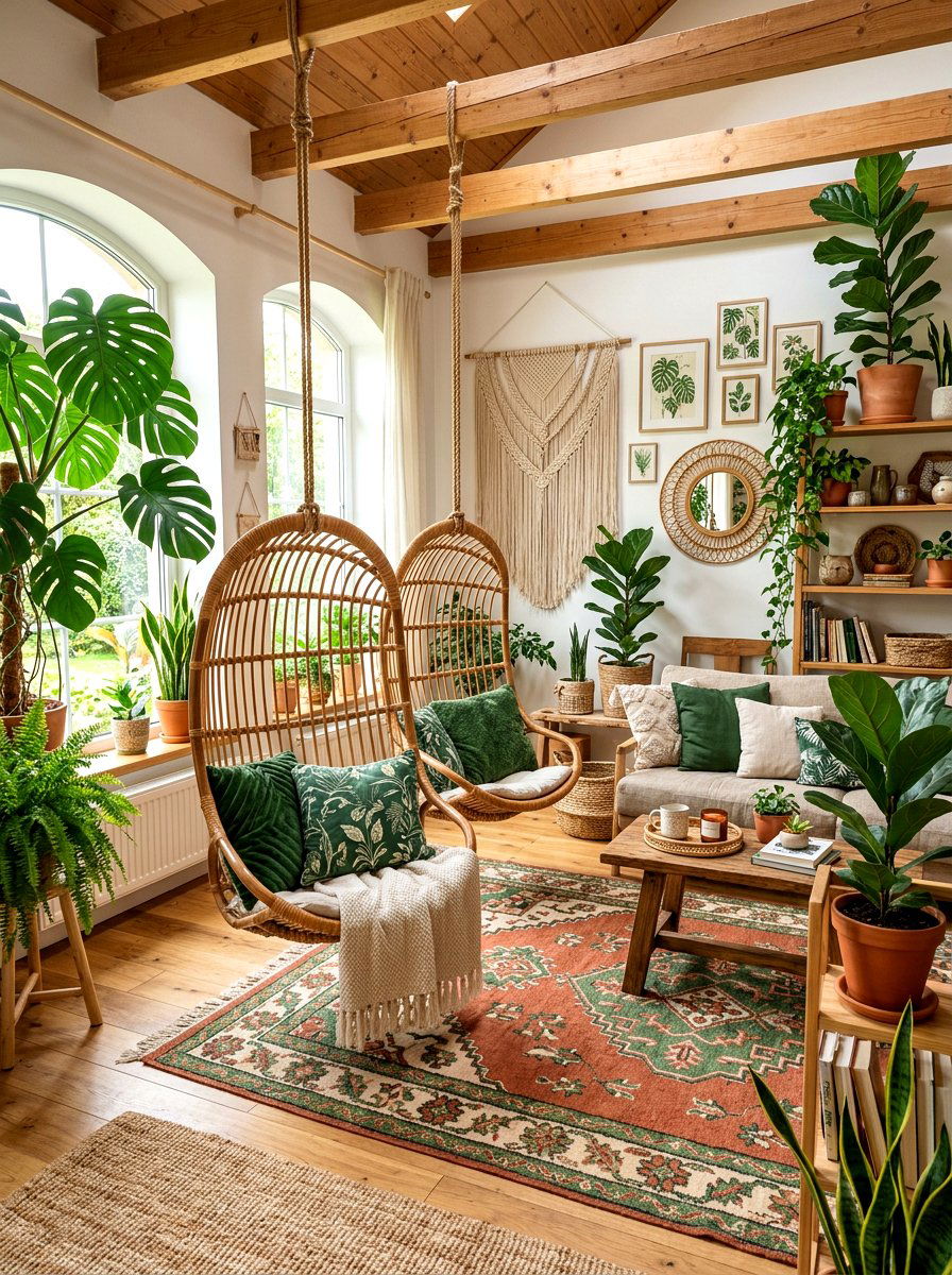 Bohemian Living Room With Green Plants And Rattan Furniture - 30 forest green and brown living room ideas