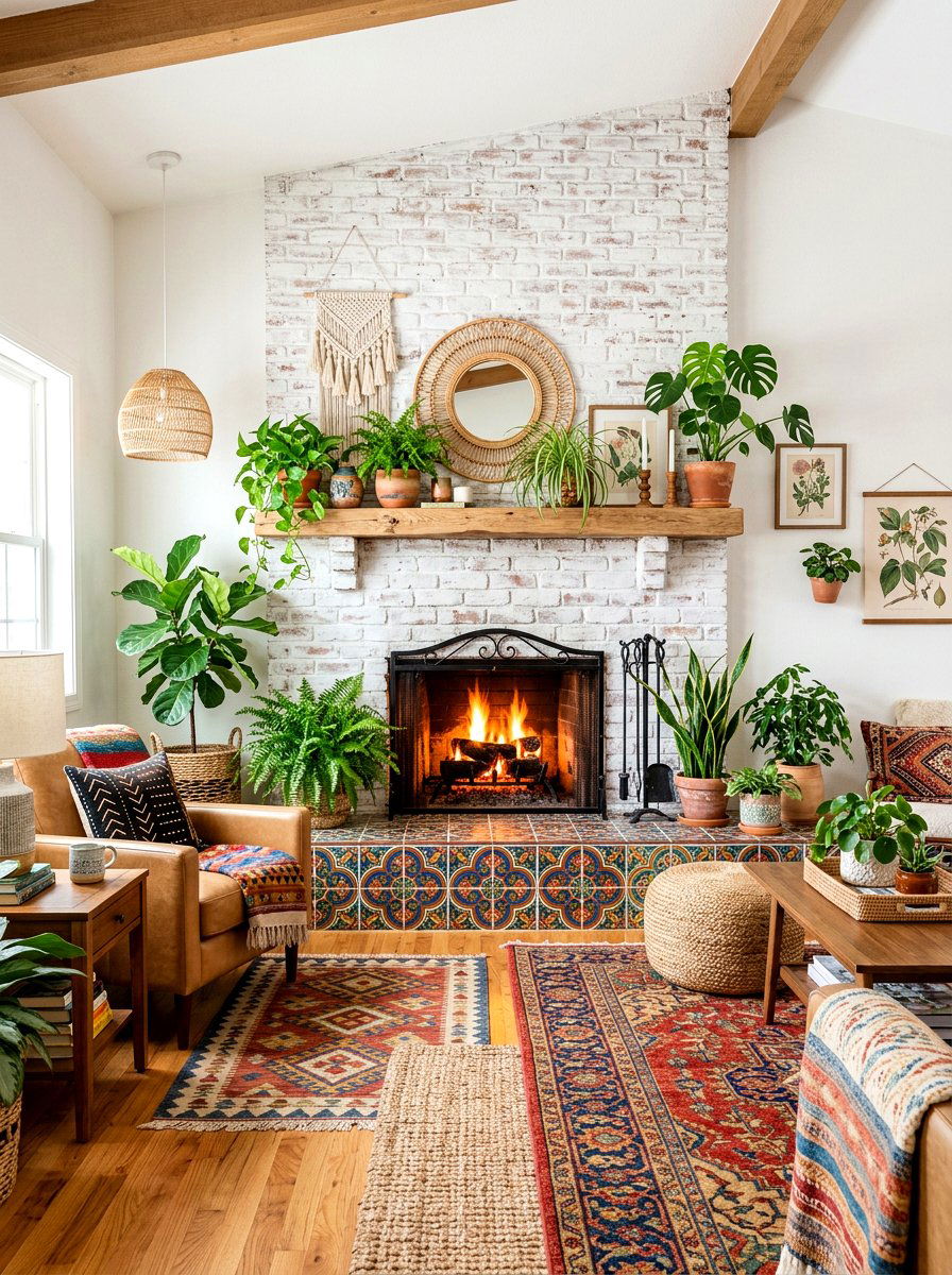 Bohemian Living Room - 30 basement fireplace ideas