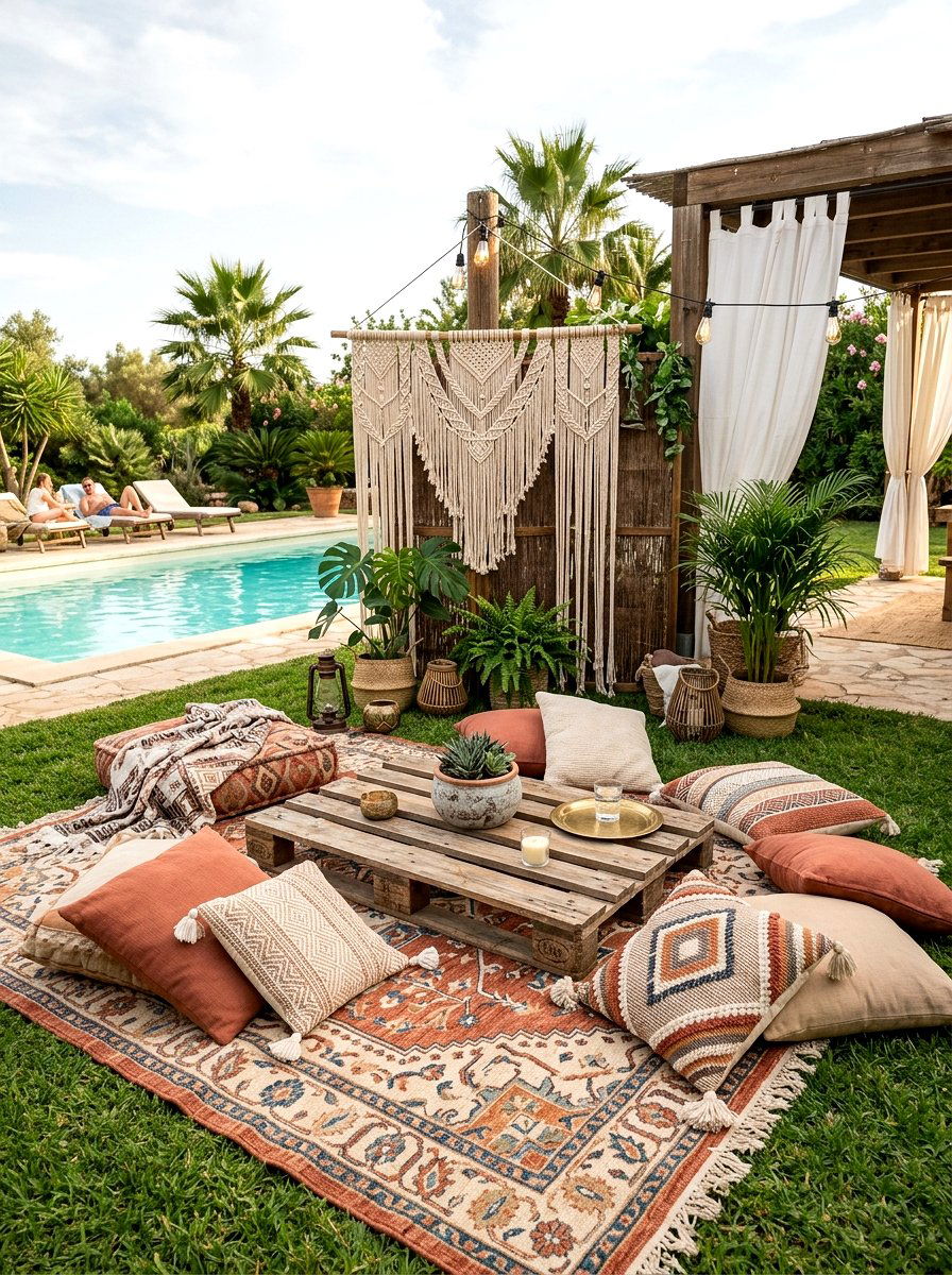 Bohemian Lounge Area - 30 pool party decor ideas