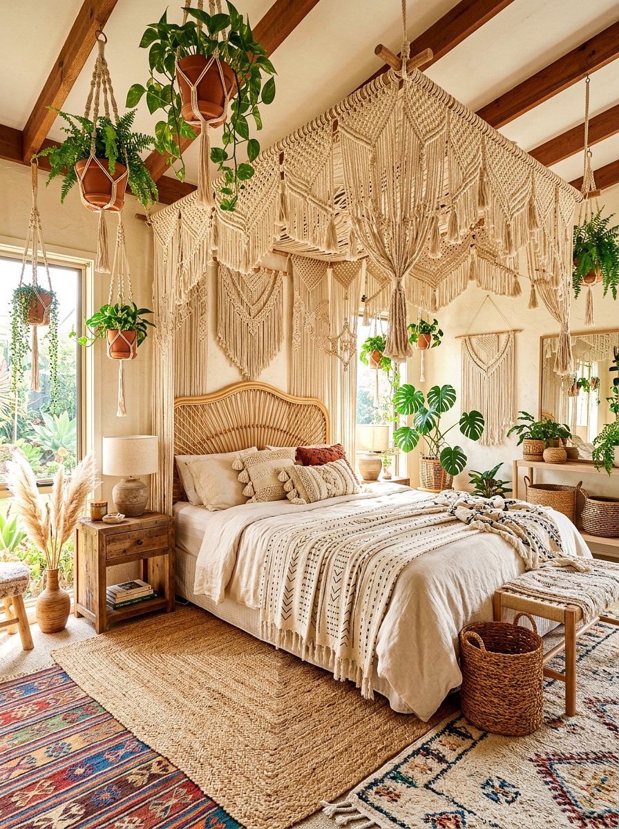 Bohemian Macrame Bed - 30 canopy drape bed ideas