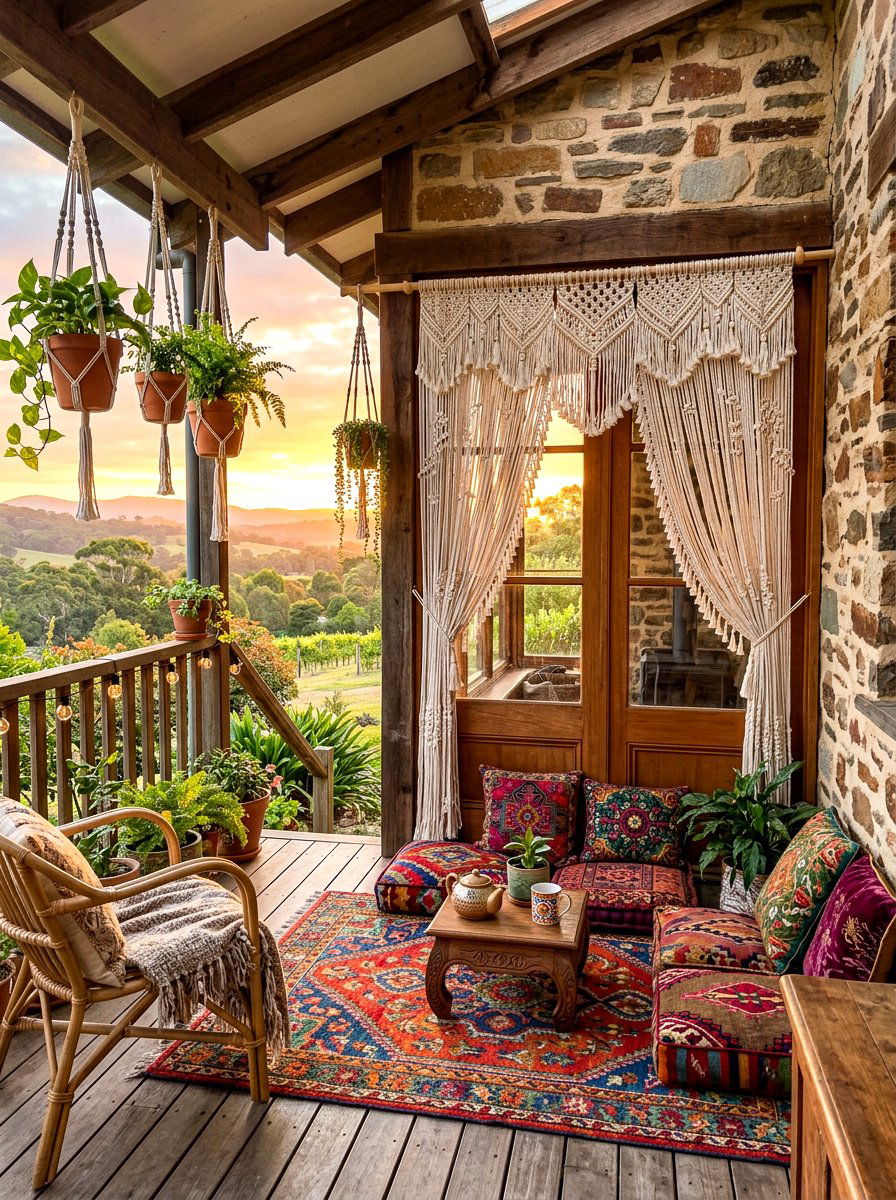 Bohemian Macrame Cafe Curtains - 30 porch with cafe curtains ideas