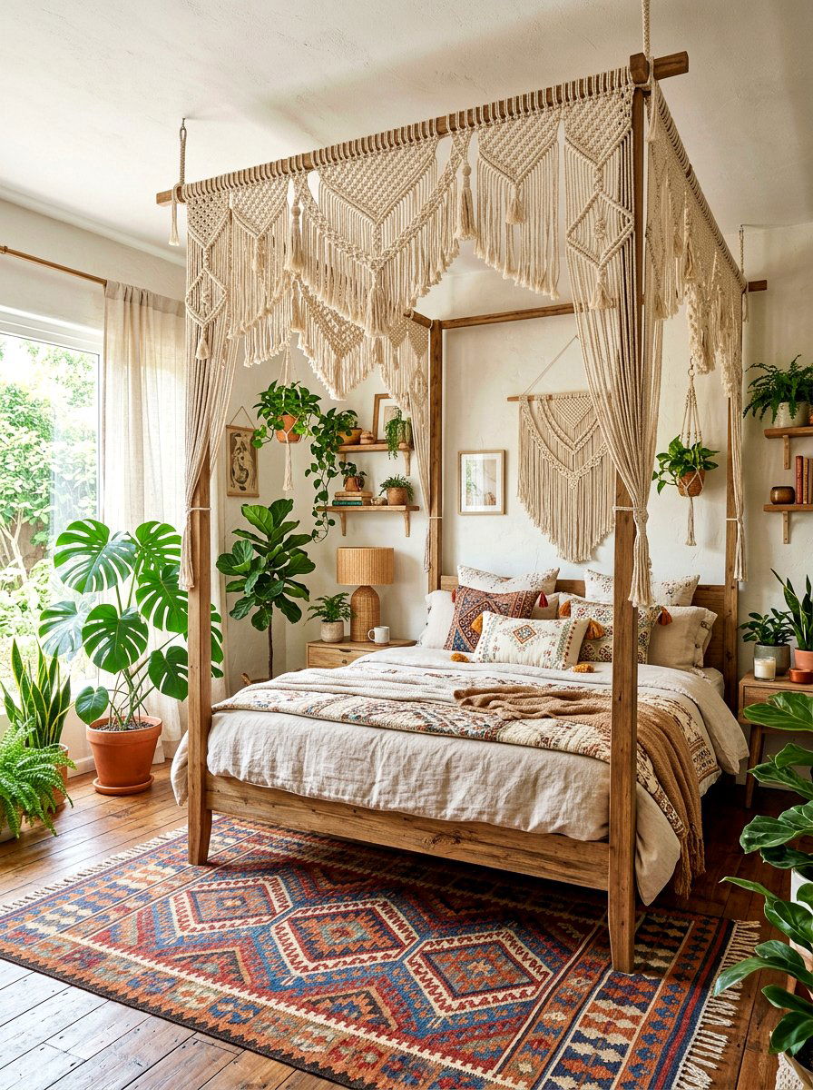 Bohemian Macrame Canopy Bed - 30 romantic canopy bedroom ideas