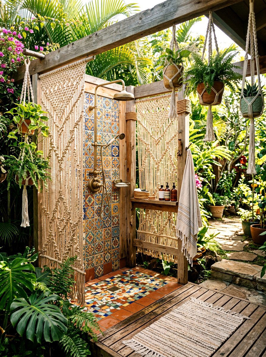 Bohemian Macrame Outdoor Shower - 30 outdoor shower ideas