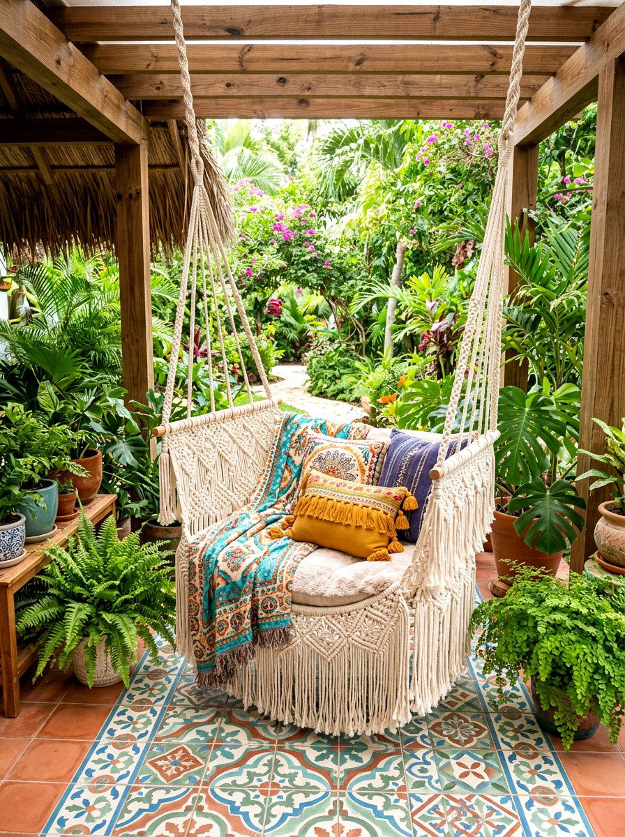 Bohemian Macrame Swing - 30 tropical patio ideas