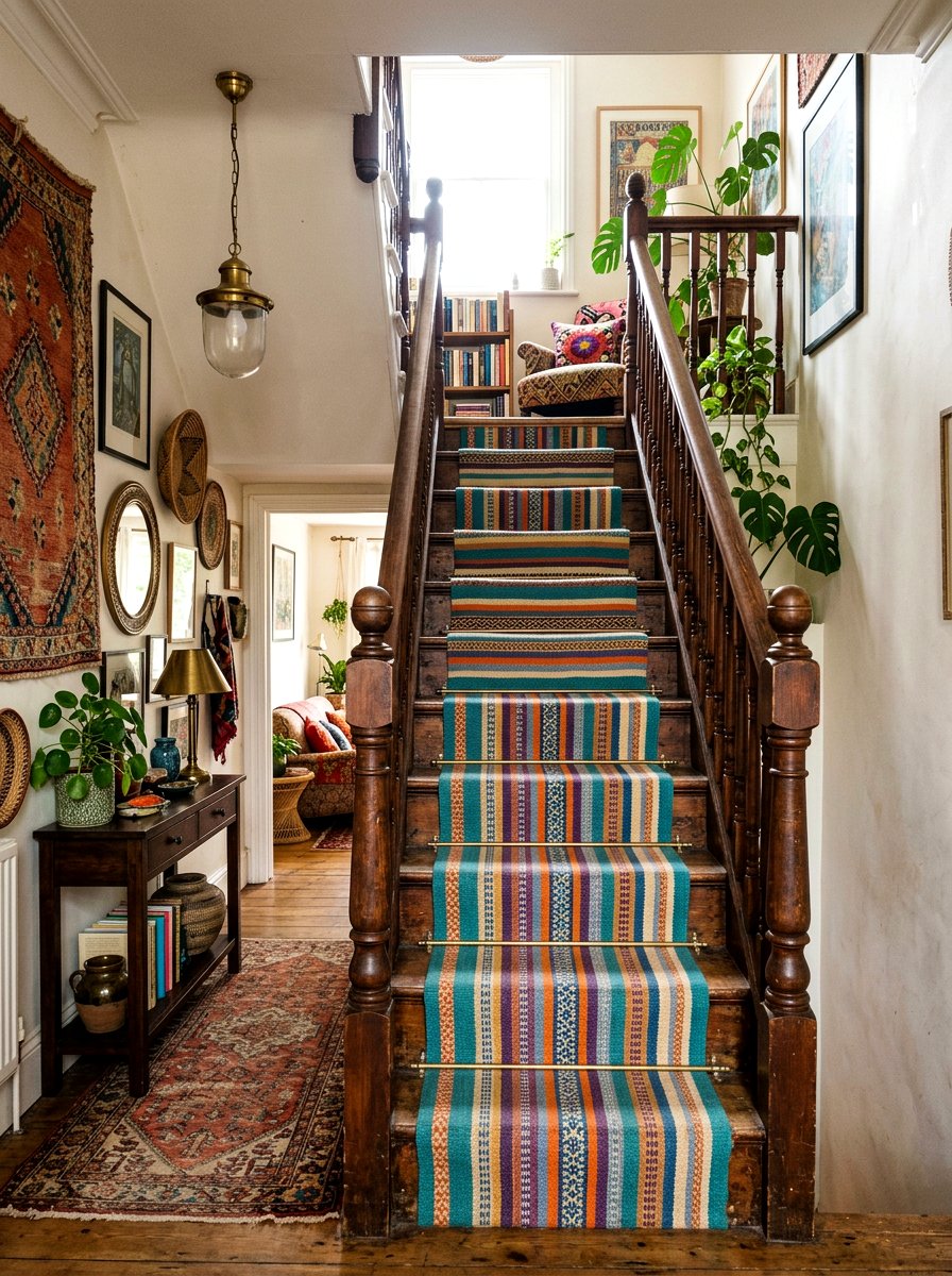 Bohemian Multi Stripe Stair Runner - 30 stair runner stripe ideas