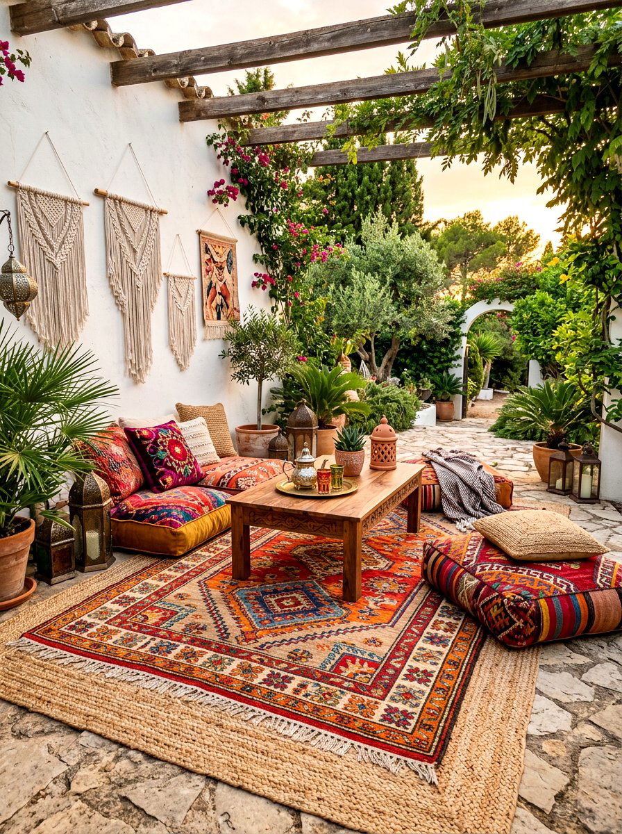 Bohemian Pattern Over Natural Fiber - 30 layered outdoor rug ideas