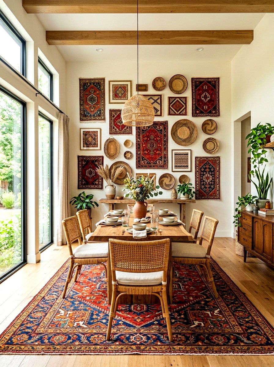 Bohemian Patterned Rug Gallery Wall - 30 eclectic dining room ideas