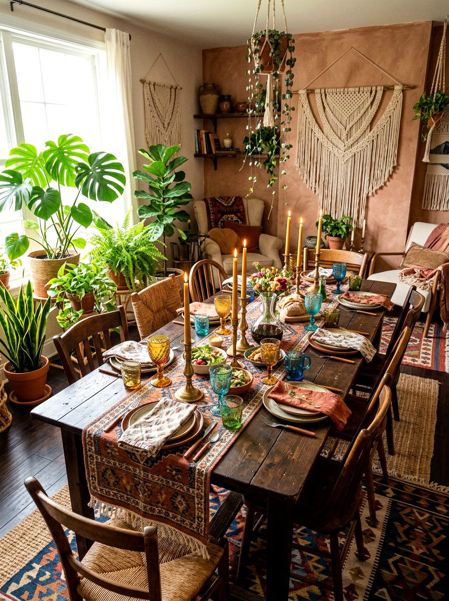 Bohemian Patterned Runner - 30 casual dinner table ideas