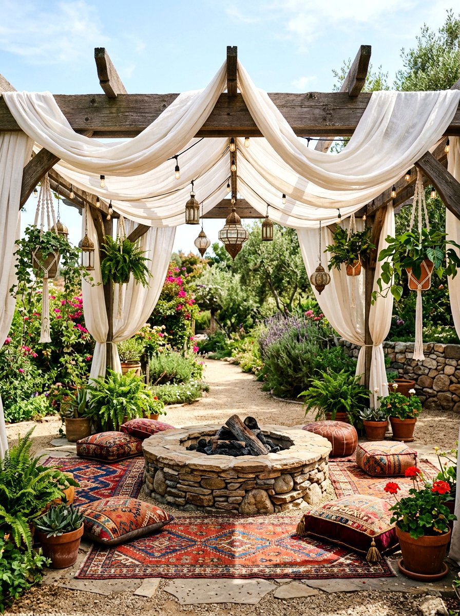 Bohemian Pergola Stone Fire Pit Hearth - 30 pergola with fireplace ideas