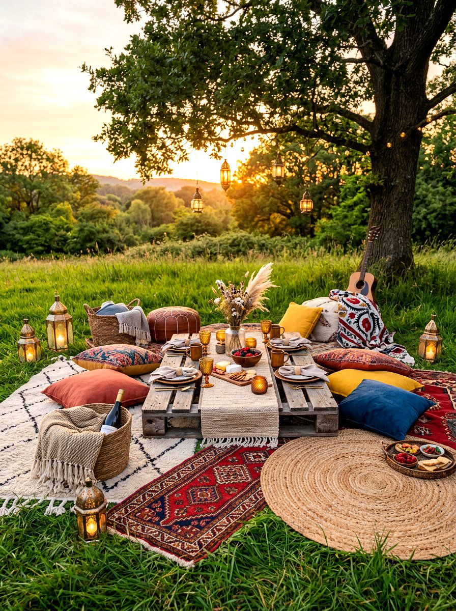 Bohemian Picnic Setup - 30 backyard hosting ideas