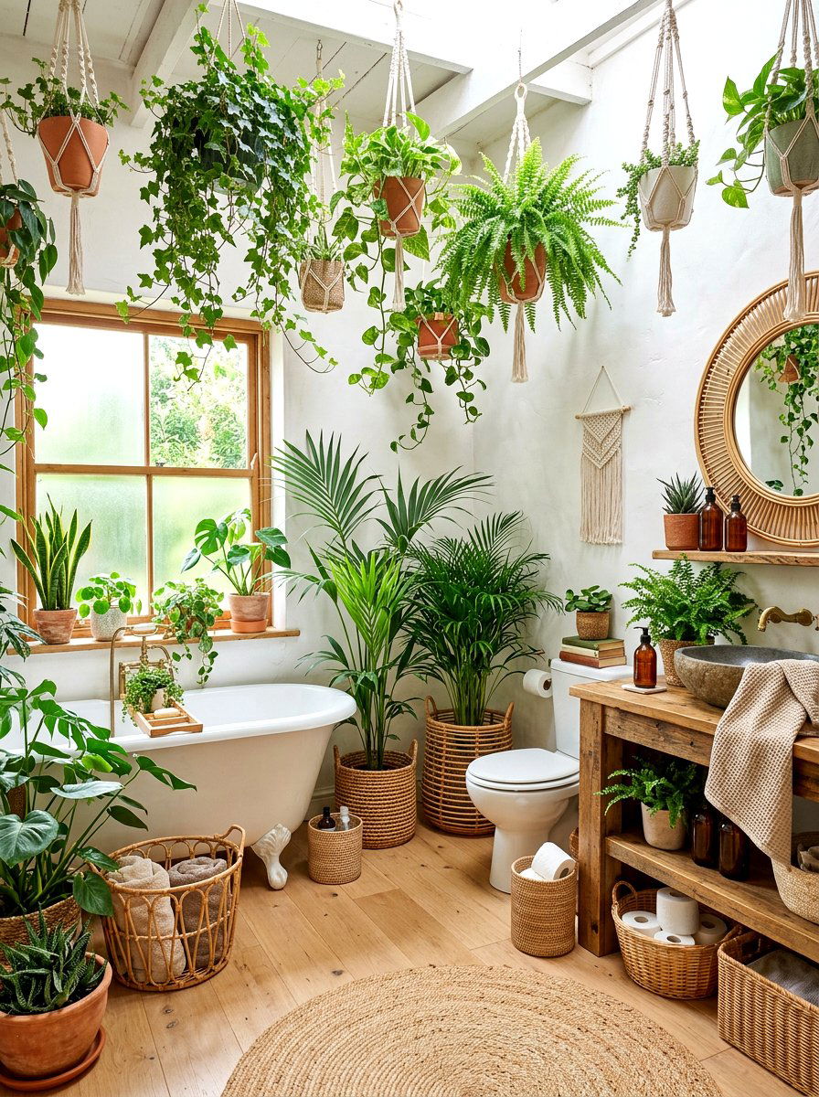 Bohemian Plant Filled Bathroom - 30 eclectic bathroom ideas