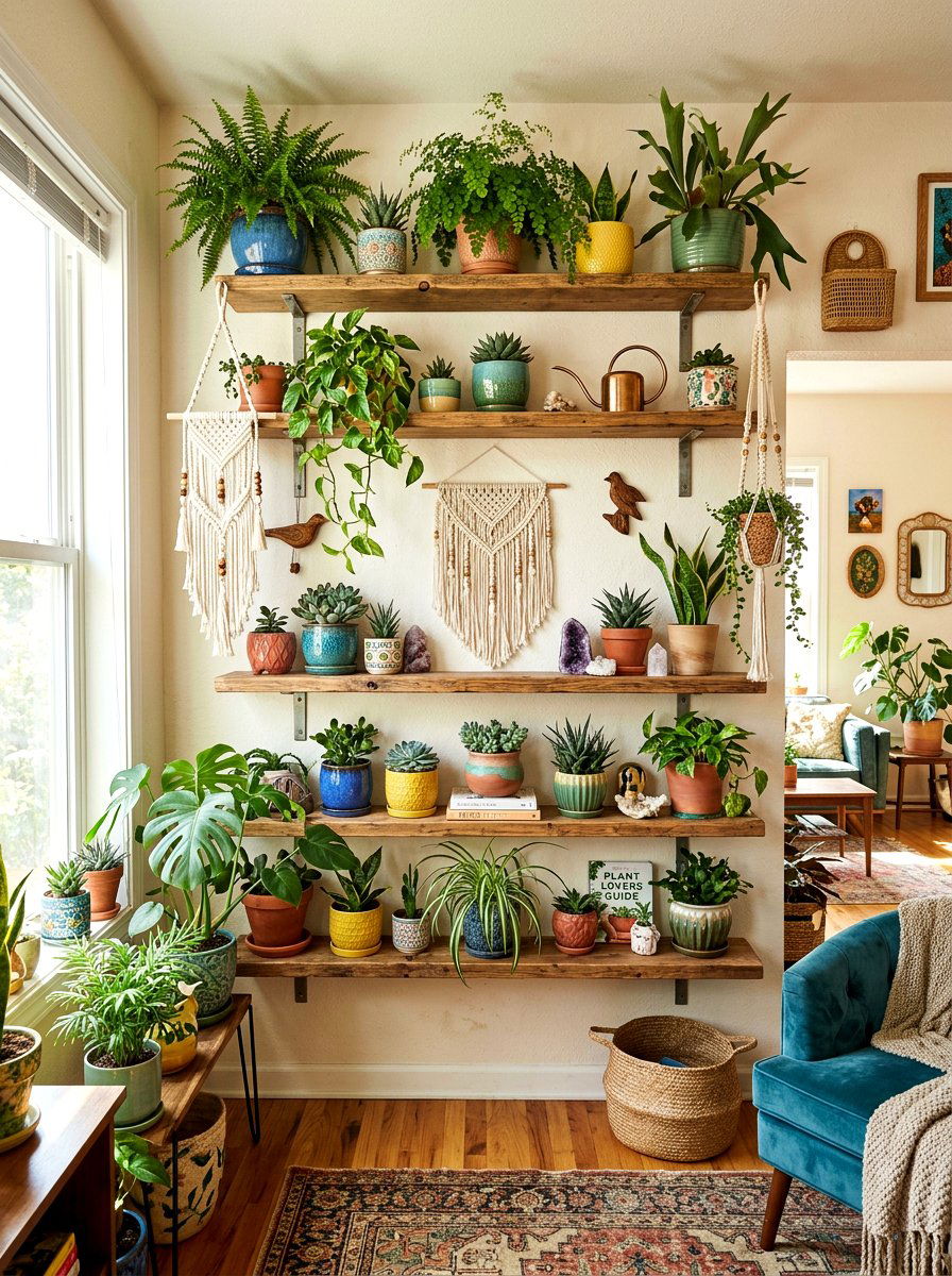 Bohemian Plant Shelves - 30 open shelving decor ideas