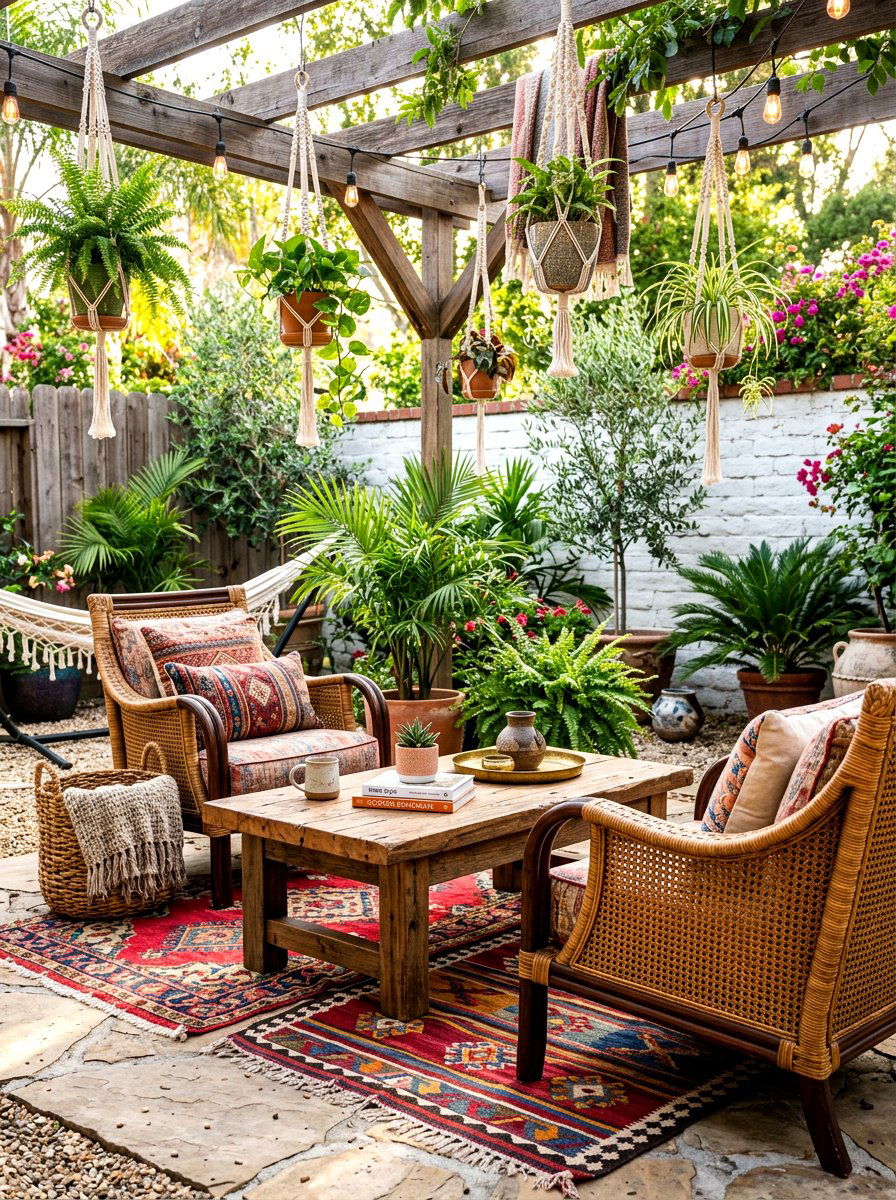 Bohemian Rattan And Wood Lounge - 30 warm wood patio lounge ideas