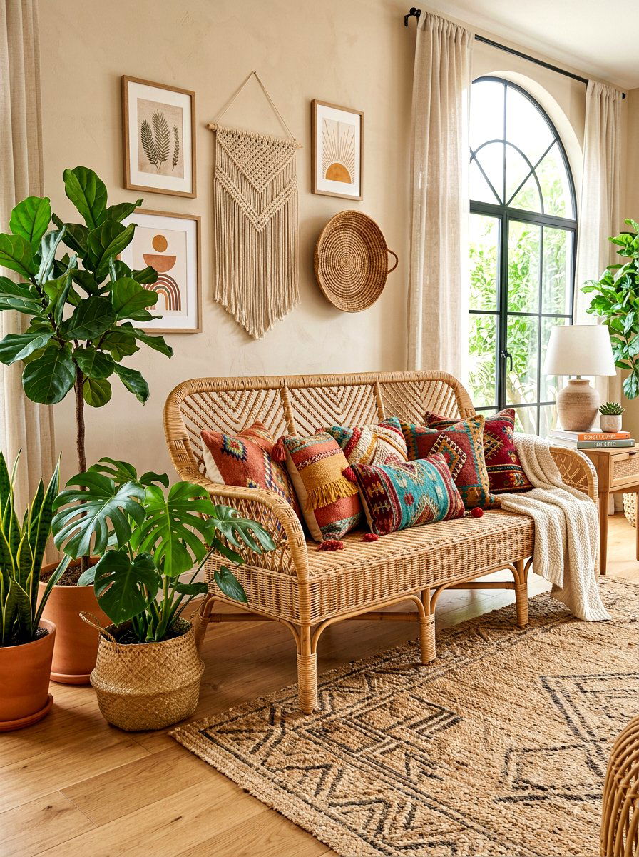 Bohemian Rattan Bench - 30 foyer bench seating ideas