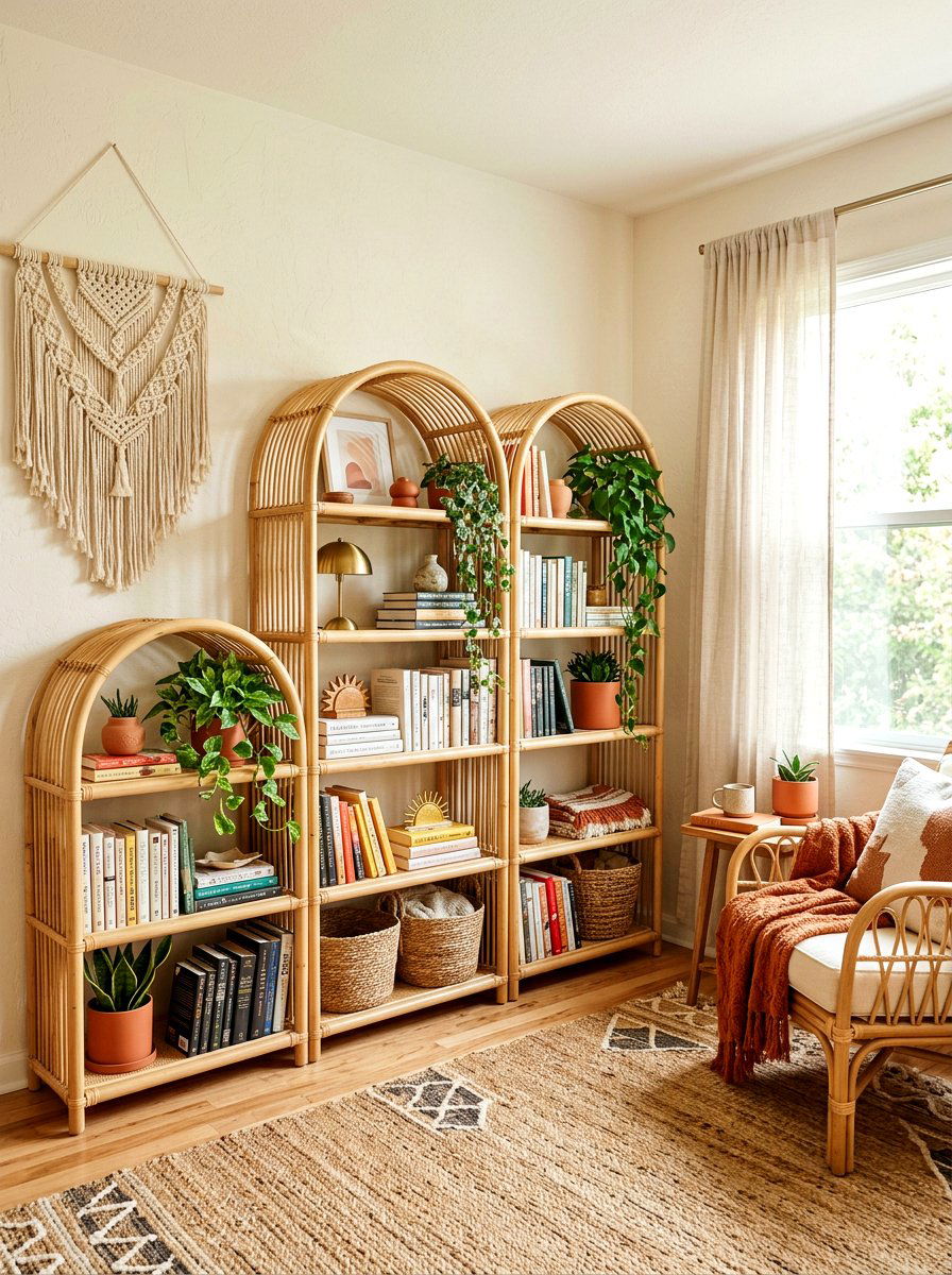 Bohemian Rattan Book Shelves - 30 nursery library wall ideas