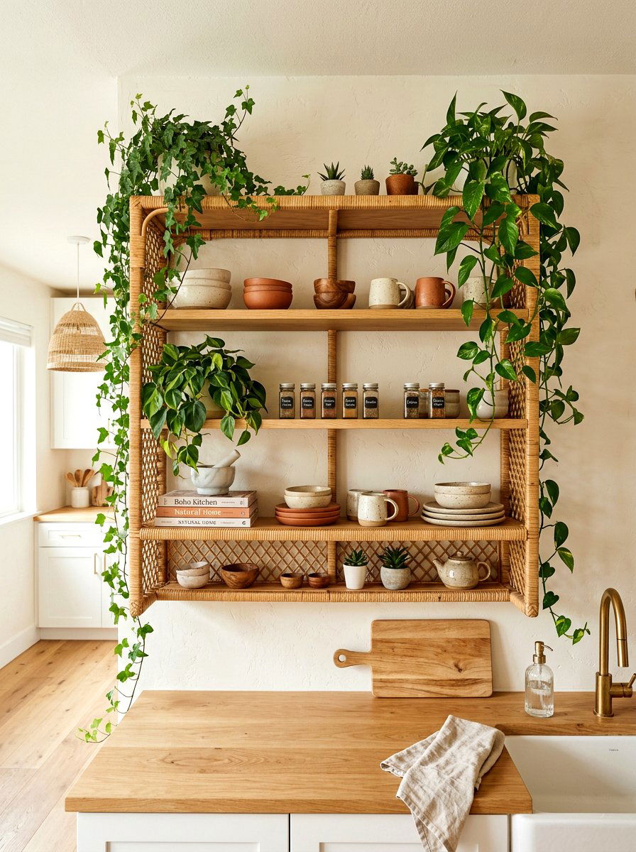 Bohemian Rattan Kitchen Shelves - 30 open shelving kitchen decor ideas
