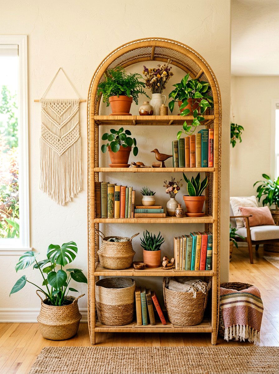 Bohemian Rattan Living Room Shelves - 30 bookshelf styling ideas