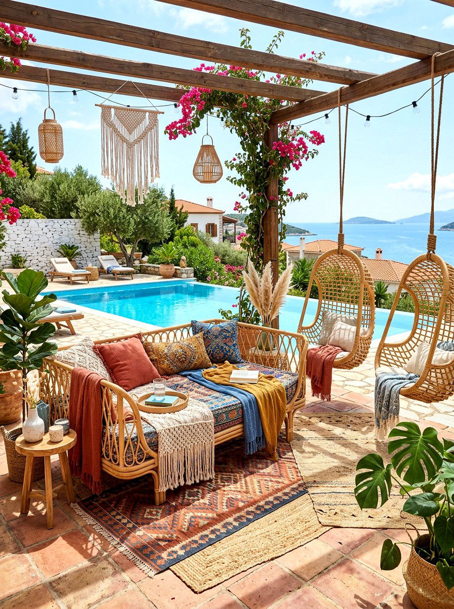 Bohemian Rattan Lounge Area - 30 Mediterranean pool patio ideas