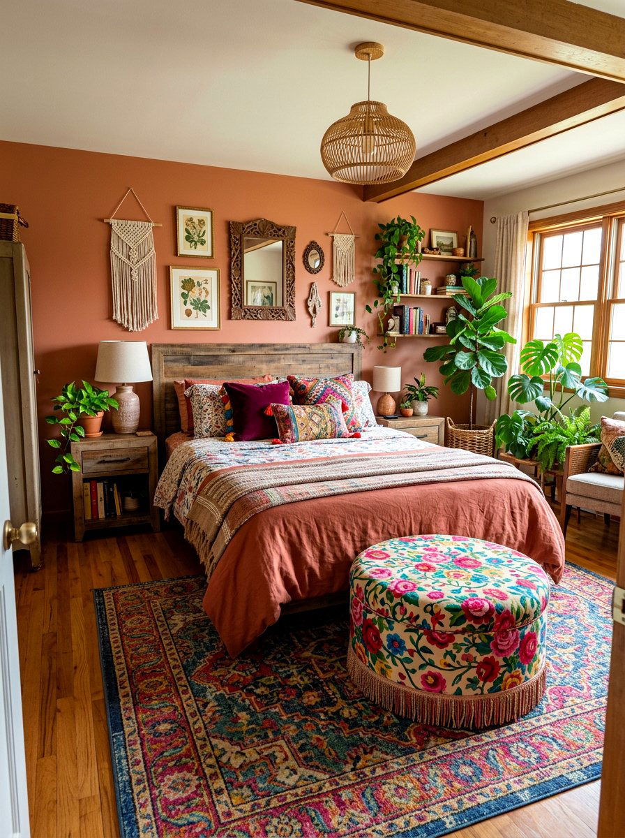 Bohemian Rose Patterned Ottoman - 30 rose print bedroom ideas