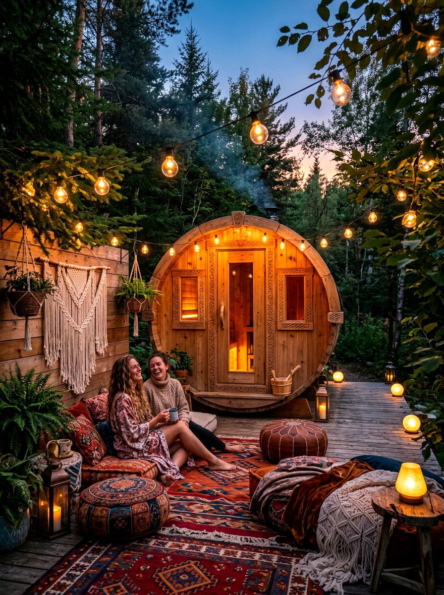 Bohemian Sauna Hanging Lights - 30 sauna patio retreat ideas