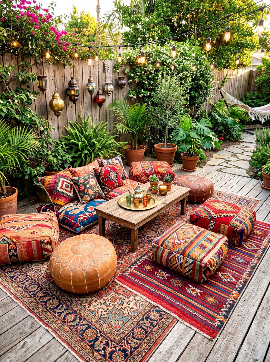 Bohemian Side Yard Floor Cushions - 30 side yard seating ideas