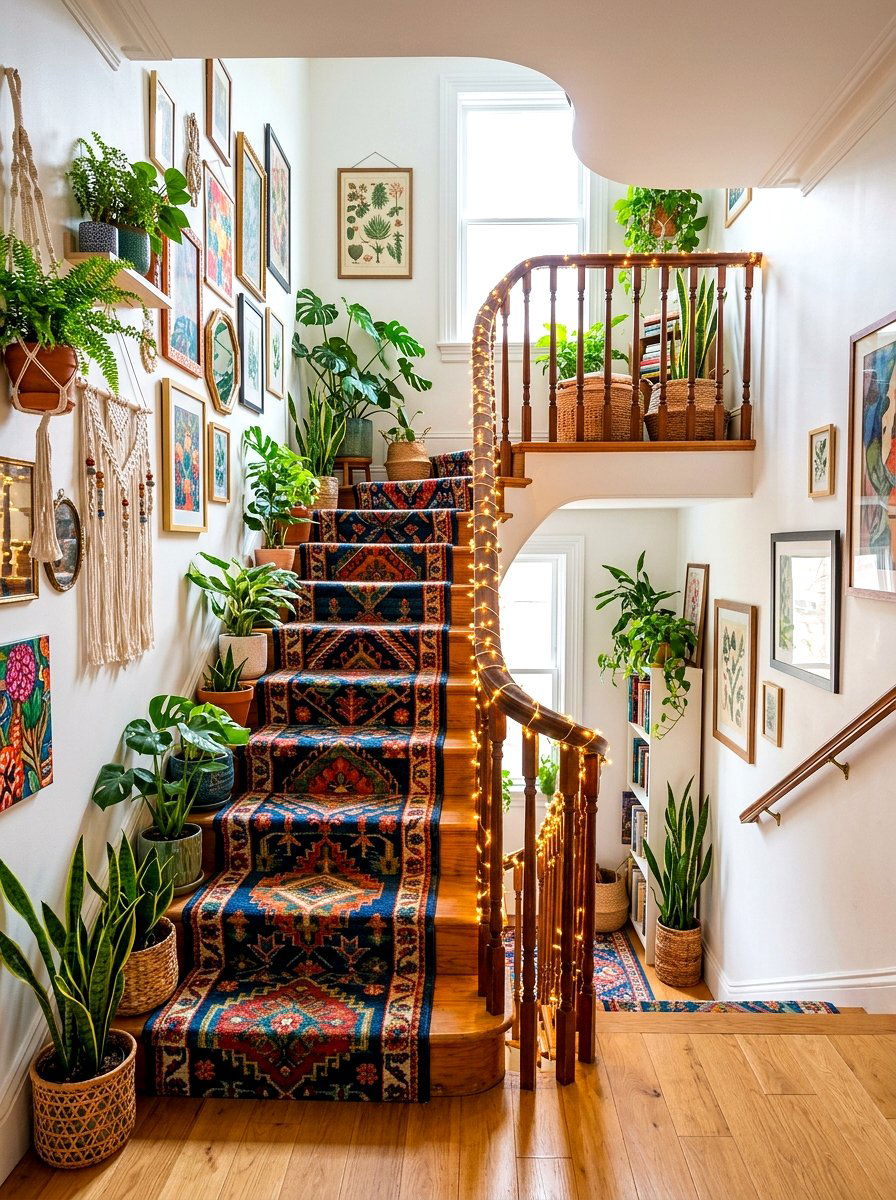 Bohemian Stairwell String Light Decor - 30 stair lighting ideas