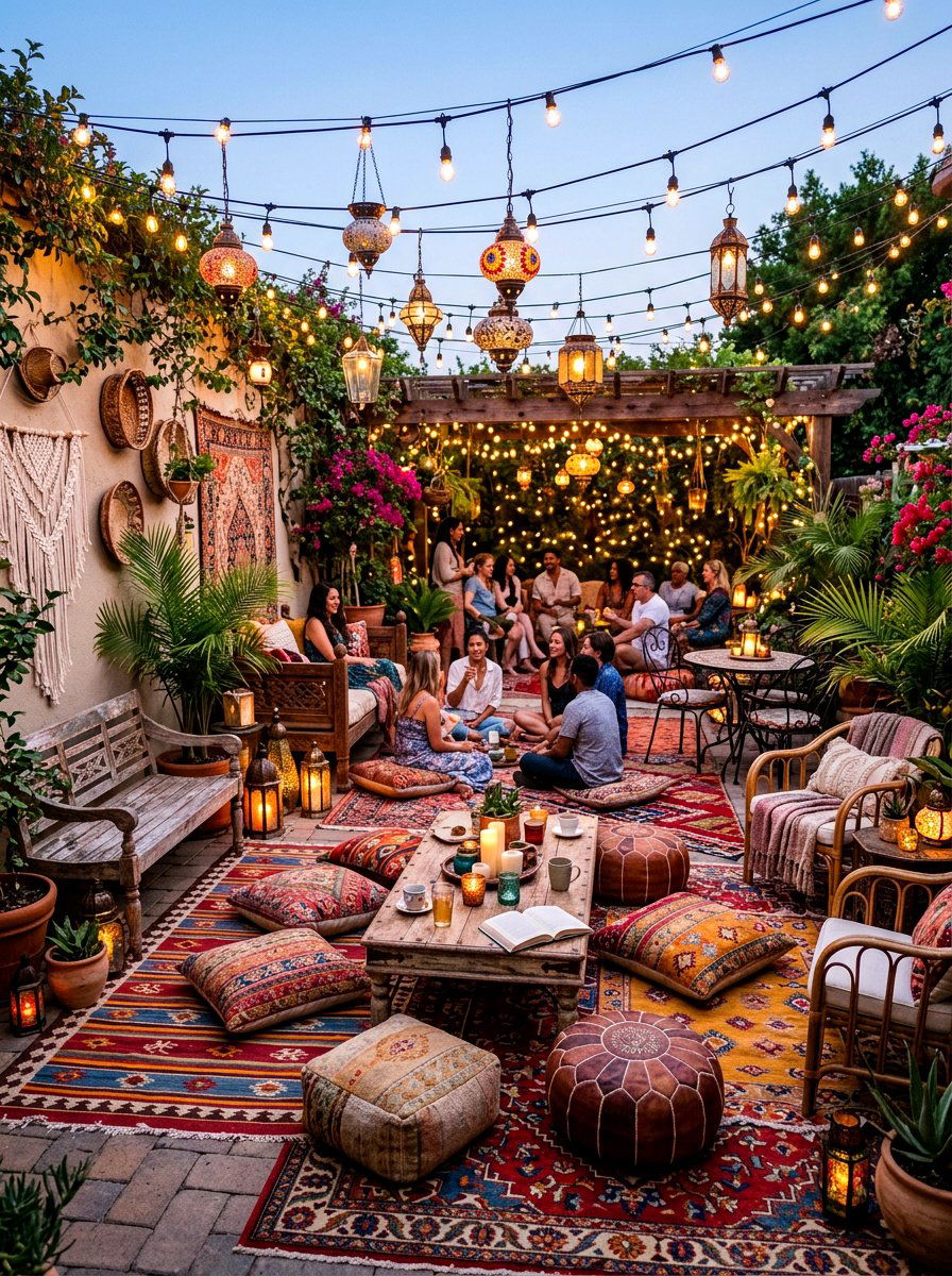 Bohemian String Light Backyard - 30 courtyard style backyard ideas