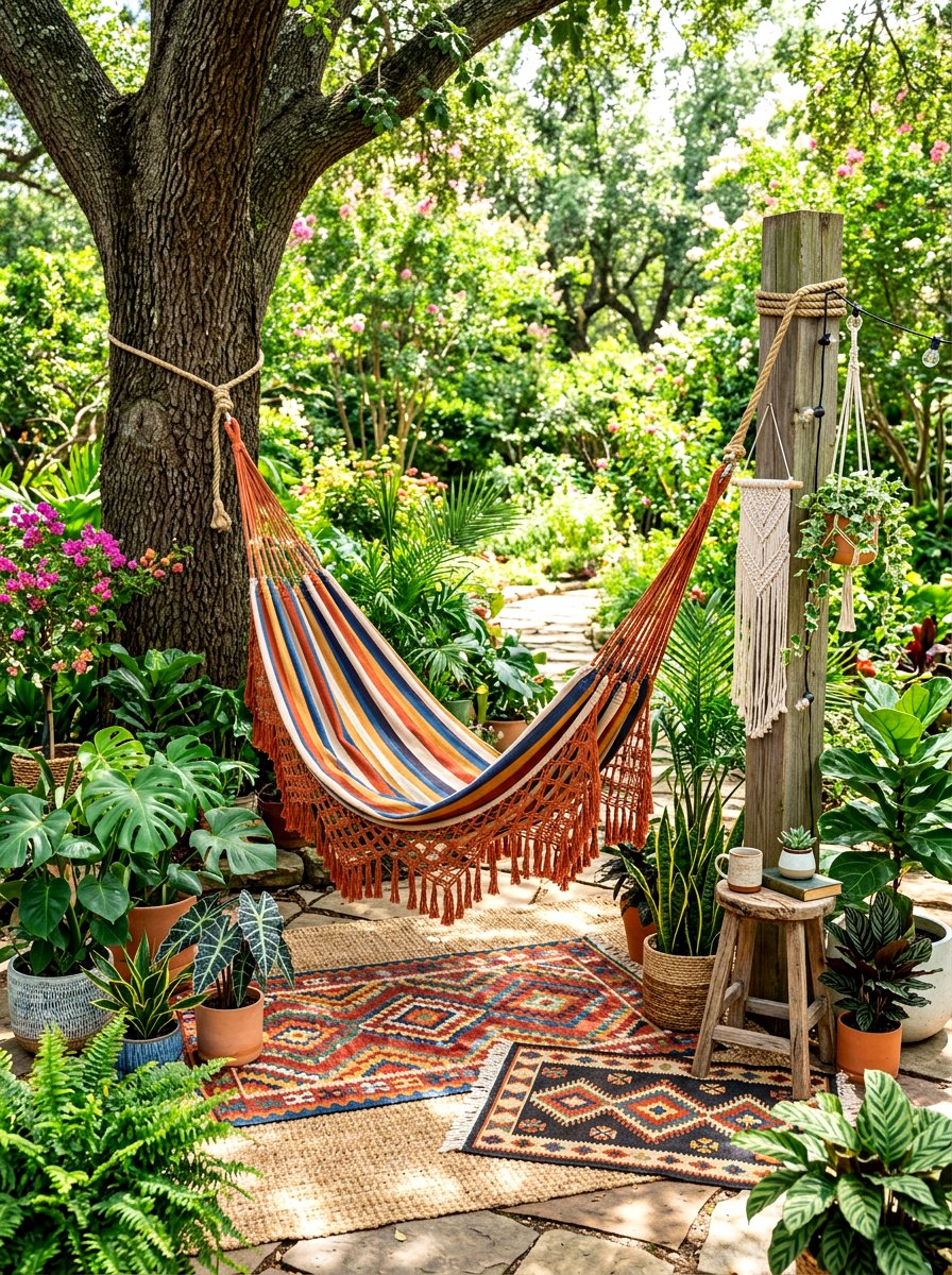 Bohemian Striped Hammock Garden Nook - 30 striped cabana backyard ideas