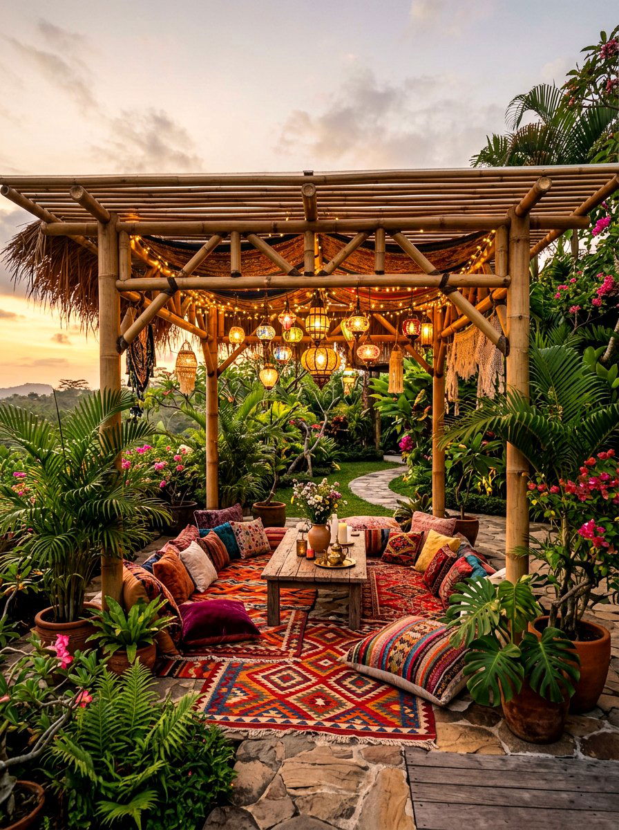 Bohemian Style Bamboo Pergola - 30 courtyard pergola ideas