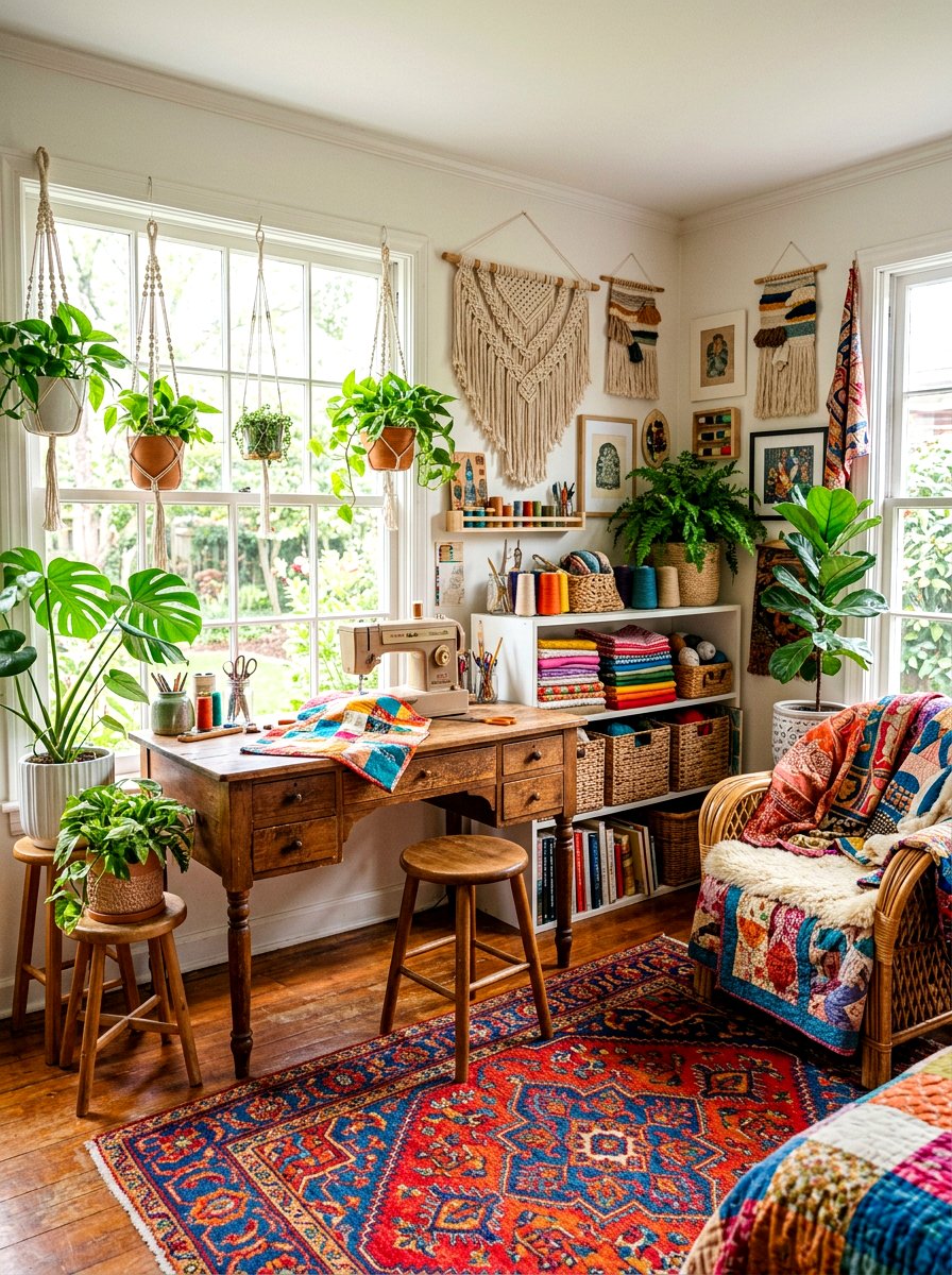 Bohemian Style Craft Space - 30 quilting room ideas