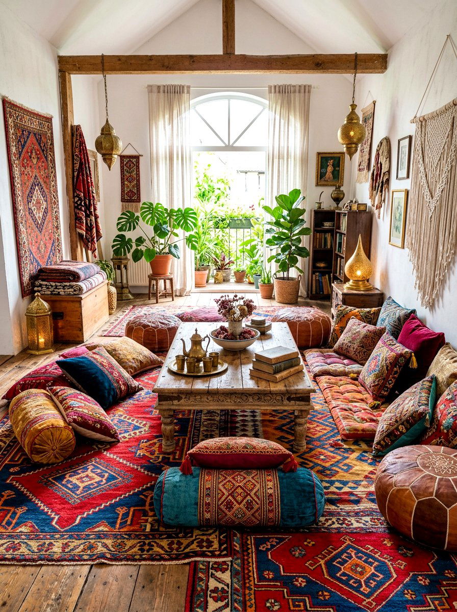 Bohemian Style Floor Seating - 30 dinner party hosting room ideas