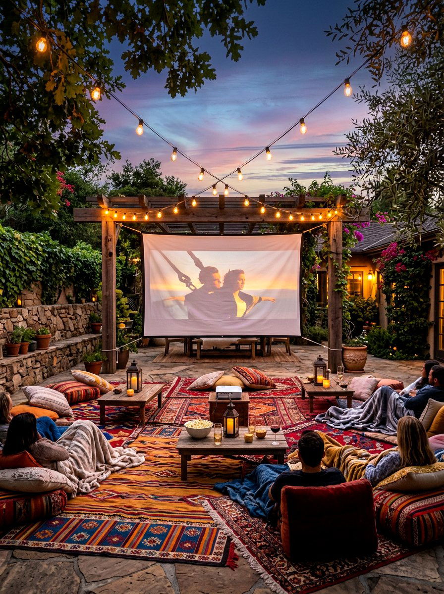 Bohemian Style Floor Seating - 30 outdoor movie patio ideas