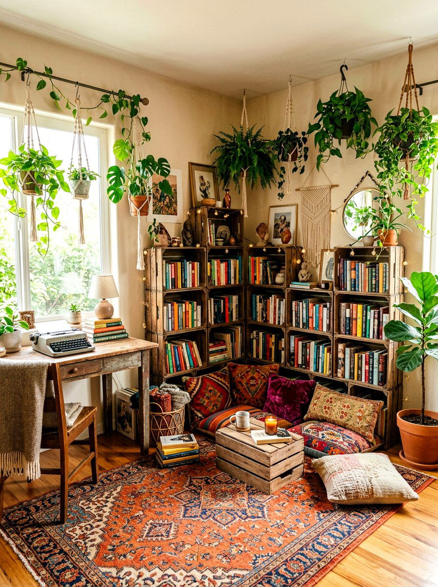 Bohemian Style Library Corner - 30 office library combo ideas