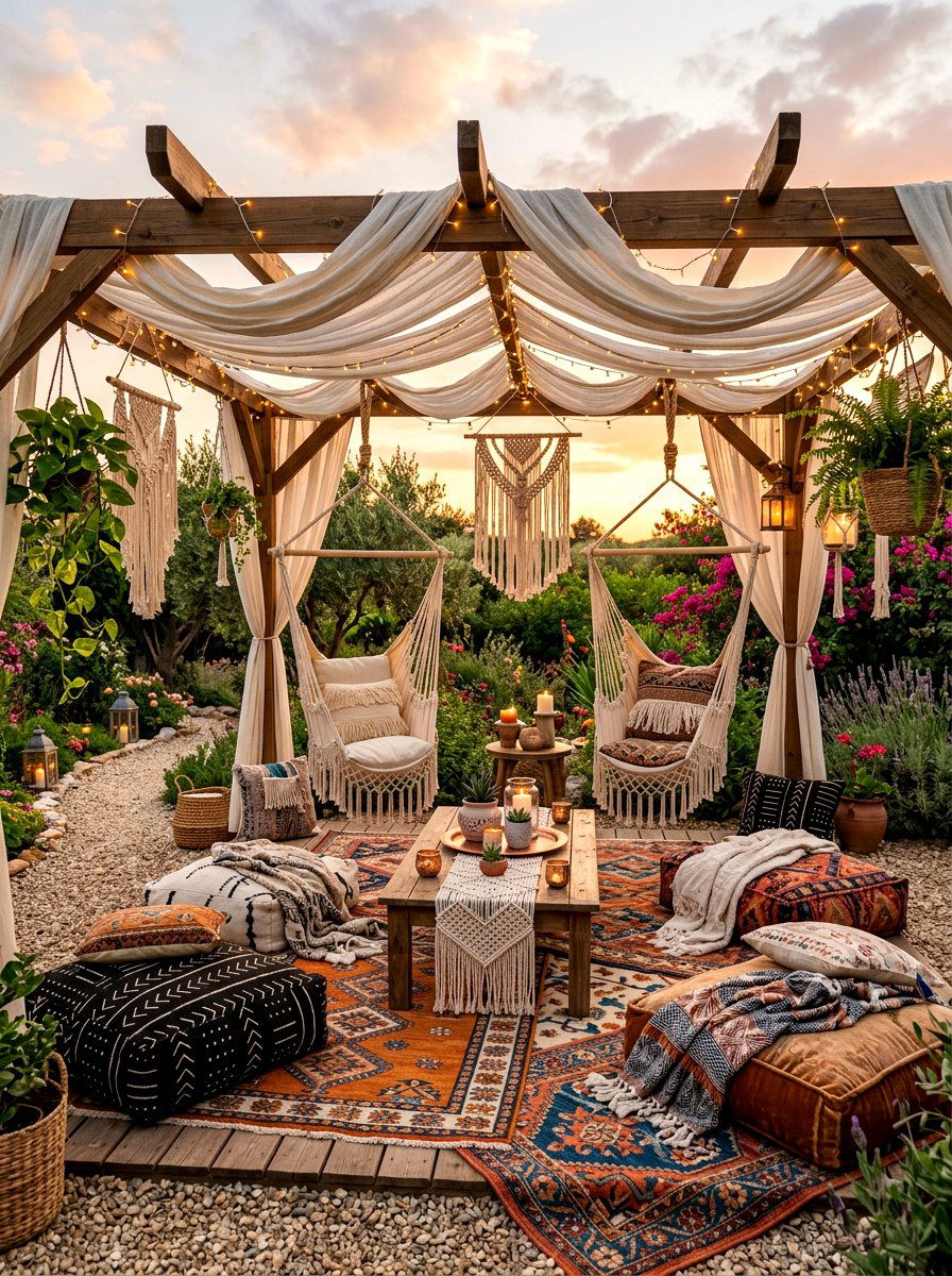 Bohemian Style Lounge With Macrame - 30 backyard cabana lounge ideas