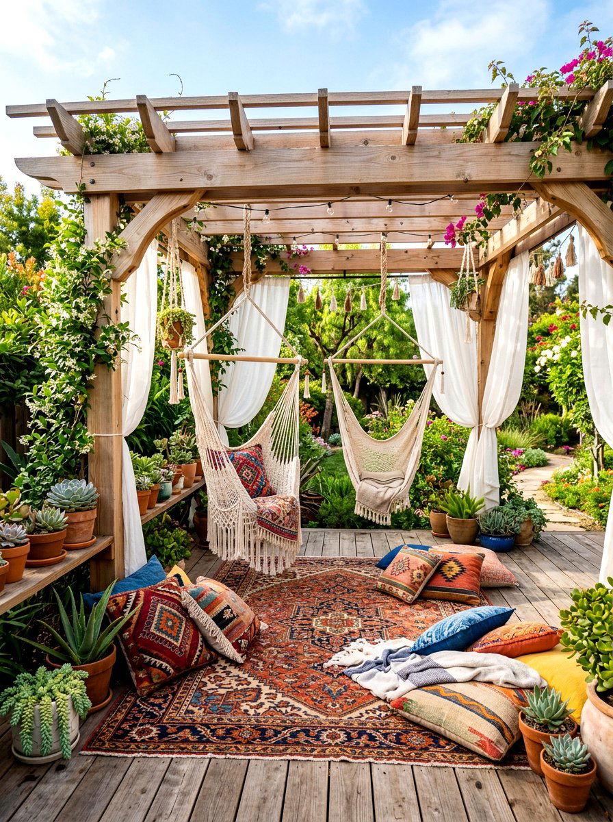 Bohemian Style Pergola - 30 outdoor breakfast pergola ideas