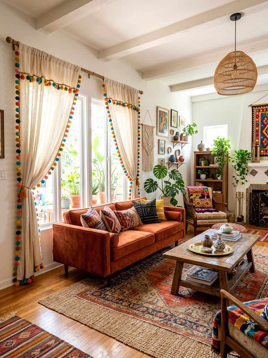 Bohemian Style Pom Pom Drapes - 30 dramatic drapery living room ideas