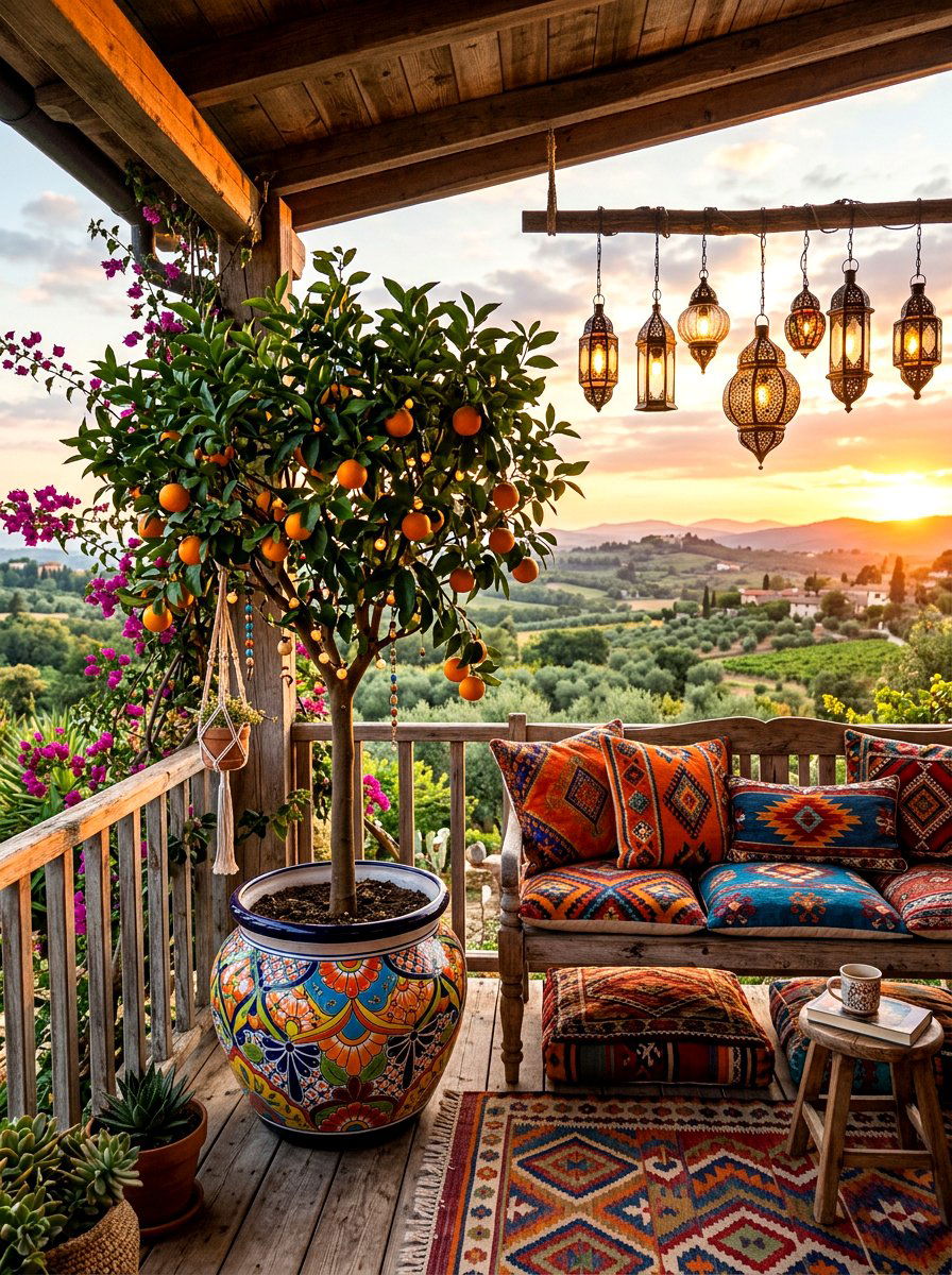 Bohemian Style Porch Orange Tree - 30 potted citrus front entry ideas
