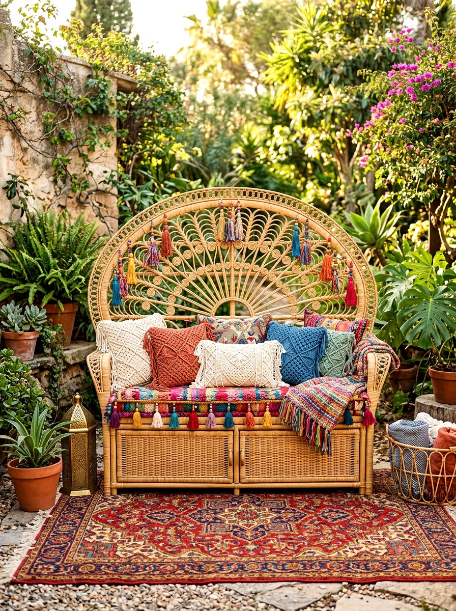 Bohemian Style Rattan Bench - 30 patio storage bench seating ideas