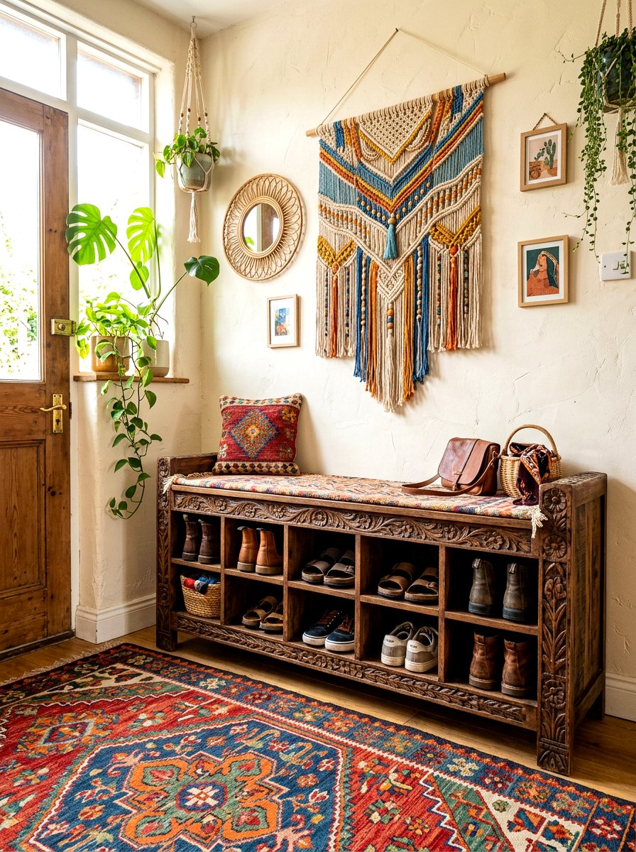 Bohemian Style Shoe Cubby Bench - 30 shoe cubby bench ideas