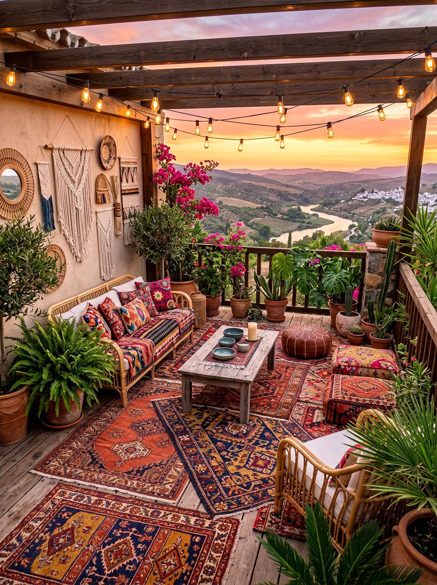 Bohemian Style Terrace - 30 rooftop patio lounge ideas aesthetic