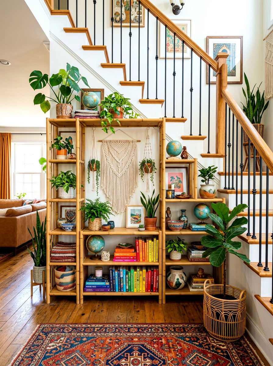 Bohemian Style Under Staircase Bamboo Shelves - 30 under staircase bookshelf ideas