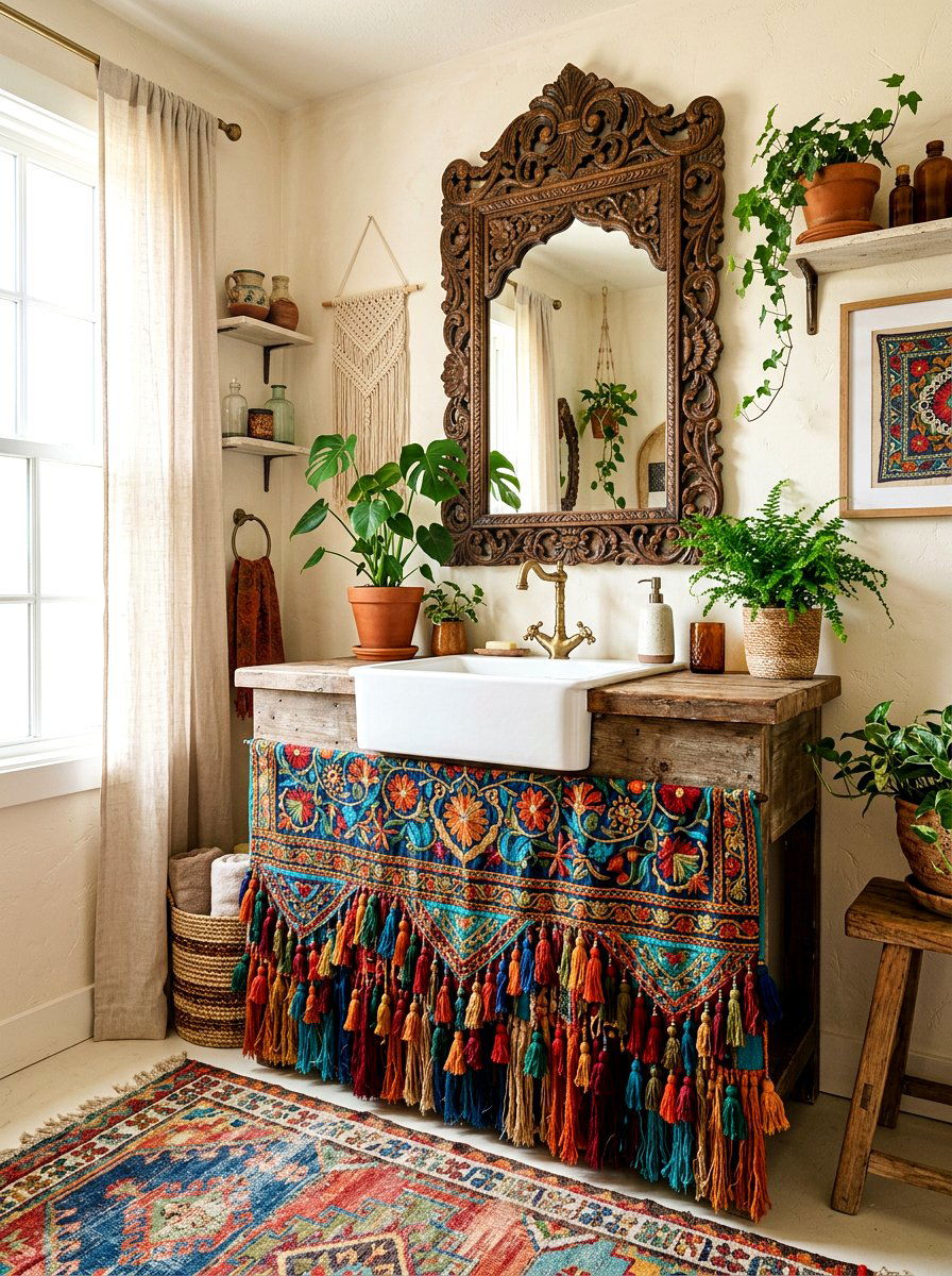 Bohemian Tassel Sink Skirt - 30 skirted powder room sink ideas