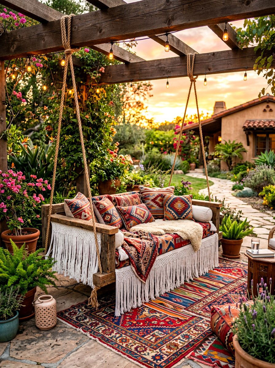 Bohemian Tassel Swing Bed - 30 porch daybed swing ideas