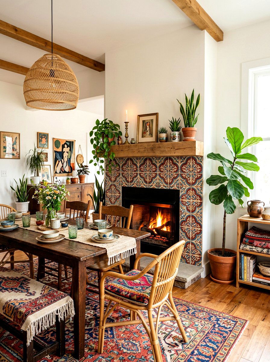 Bohemian Tile Fireplace Surround - 30 dining room fireplace wall ideas