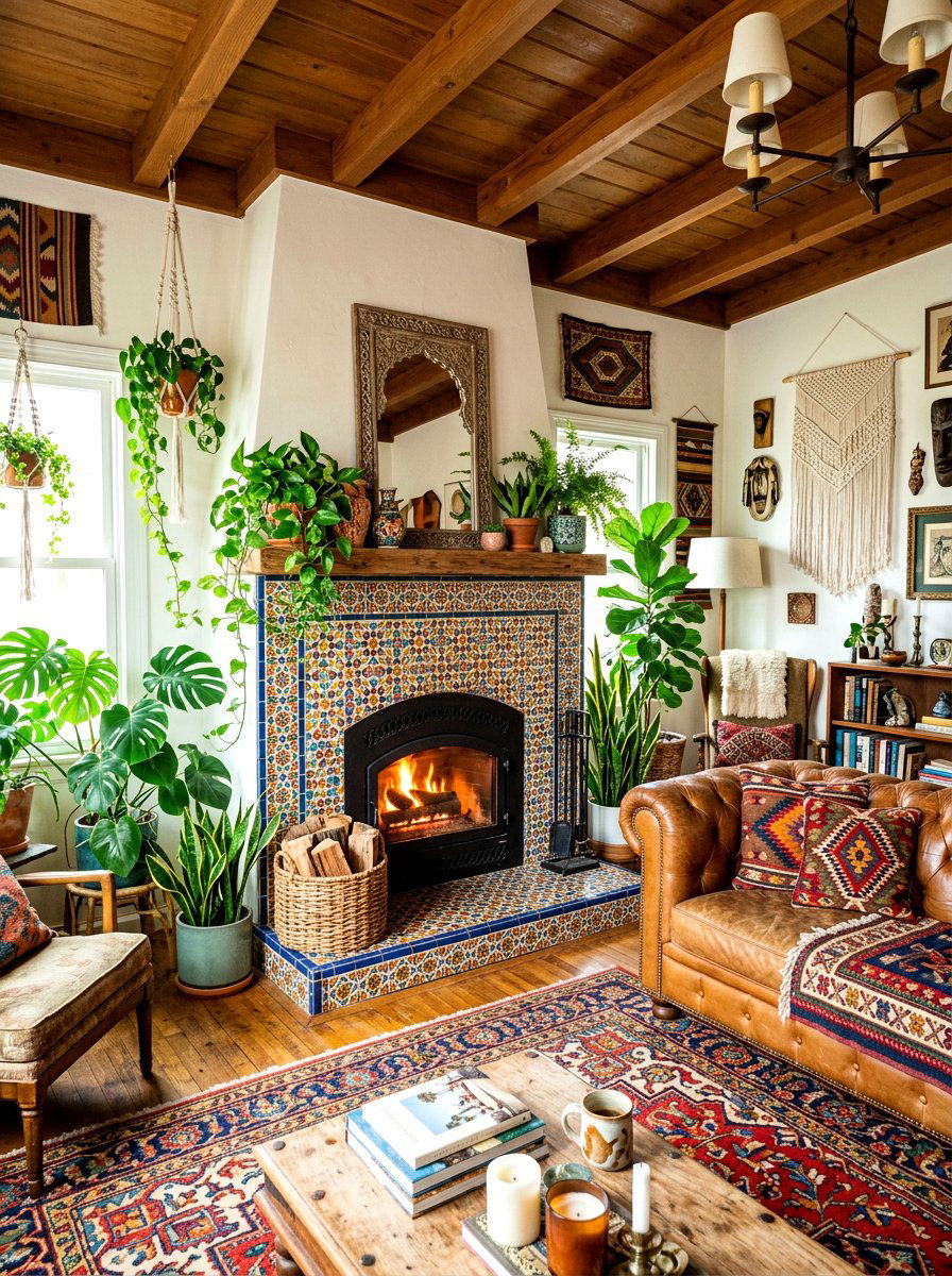 Bohemian Tile Fireplace - 30 family room fireplace ideas