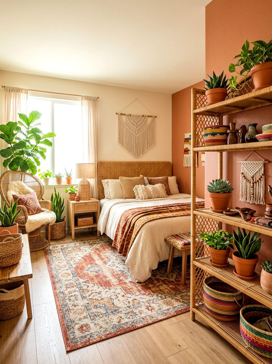 Bohemian Wicker Shelves - 30 bookcase decor ideas