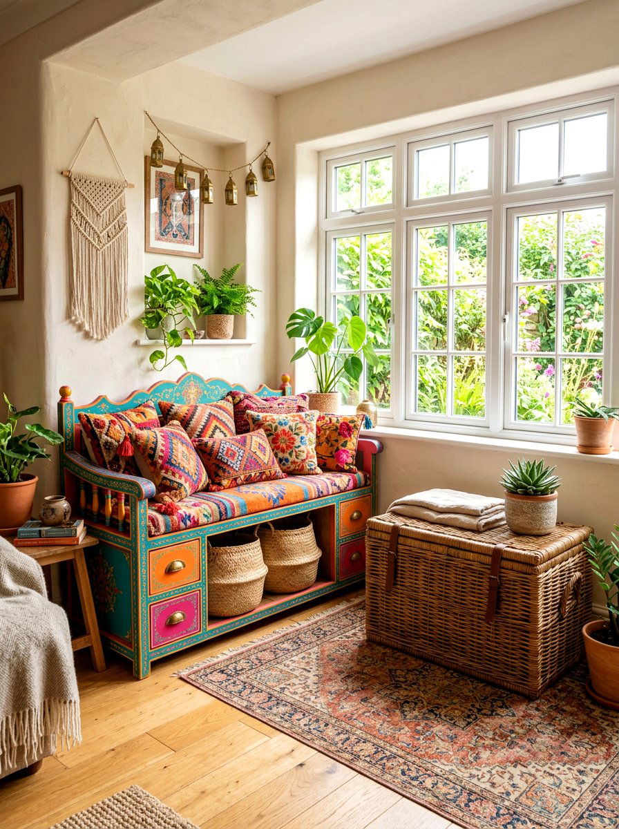 Bohemian Window Nook Storage - 30 storage bench window seat ideas