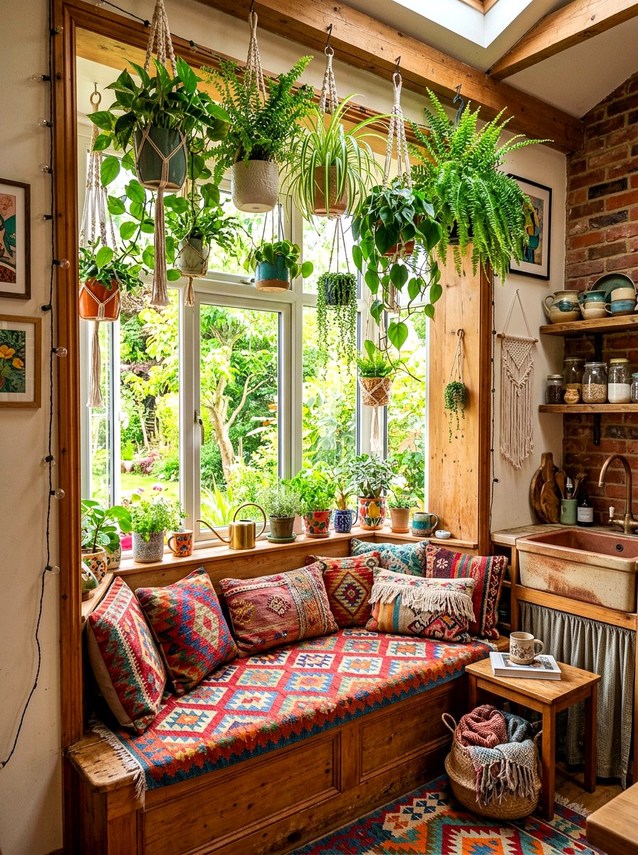 Bohemian Window Nook - 30 cozy kitchen window seat ideas